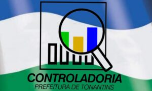 lupa em destaque, palavras controladoria prefeitura de tonantins com fundo azul branco e verde